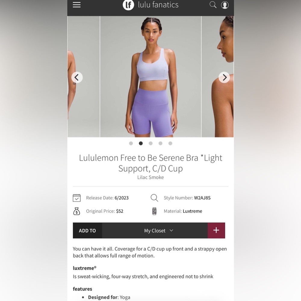 Lululemon Free to Be Serene Lilac Size 10 Sports Bra - Picture 11 of 11